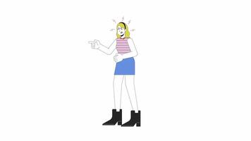 caucasico donna litigare linea 2d personaggio animazione. gesto corpo linguaggio, emotivo espressione piatto colore cartone animato 4k video, alfa canale. cattivo umore adulto animato persona su trasparente sfondo video