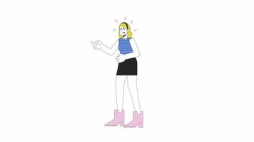 europeisk kvinna skyller linje 2d karaktär animation. gest kropp språk, emotionell uttryck platt Färg tecknad serie 4k video, alfa kanal. dålig humör vuxen animerad person på transparent bakgrund video