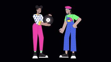 Showing off phonograph record line cartoon animation. Thumb up nostalgia 4K video motion graphic. 80s lovers girls friends diverse 2D linear animated characters isolated on transparent background