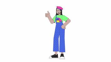 Middle eastern funky girl thumb up line 2D character animation. Retro flat color cartoon 4K video, alpha channel. Young adult woman wearing 80s retro clothes animated person on transparent background video