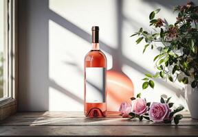 ai generado Rosa vino, botella de Rosa vino con blanco etiqueta y flores en natural luz, Bosquejo foto