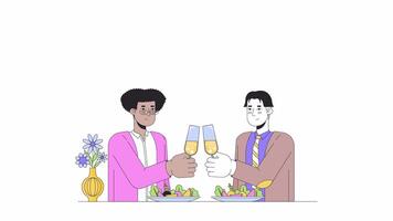 Fröhlich Männer Paar Klirren Brille Linie 2d Zeichen Animation. Toasten Champagner Flöten eben Farbe Karikatur 4k Video, Alpha Kanal. verliebt homosexuell Freunde animiert Menschen auf Weiß Hintergrund video