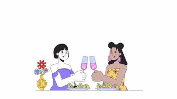 Freundinnen Lesben Klirren Brille Linie 2d Zeichen Animation. feiern Champagner eben Farbe Karikatur 4k Video, Alpha Kanal. Fasziniert homosexuell weiblich Paar animiert Menschen auf Weiß Hintergrund video