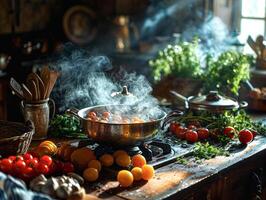 AI generated A stainless steel pot on a gas stove with steam swirling above, in a home kitchen setting. photo