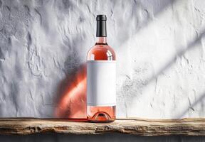 ai generado Rosa vino, botella de Rosa vino con blanco etiqueta y flores en natural luz, Bosquejo foto