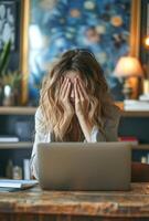 AI generated Stressed businesswoman covering face while working on laptop, responsibility concept photo