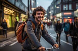 AI generated Smiling man enjoys bicycle ride in the city, commuter lifestyle photo