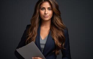 AI generated Photo of young businesswoman holding a folder on a grey backdrop, professional job interview attire image