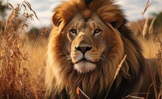 ai generado majestuoso león en pie en alto césped, majestuoso grande gatos imagen foto