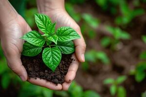 ai generado mujer mano participación verde planta en natural suelo, responsabilidad imagen foto