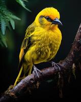 ai generado alegre amarillo pájaro descansa en un rama, vistoso tropical aves foto