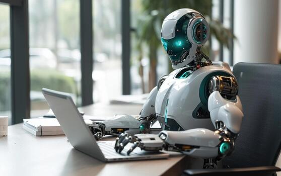 ai generado robot a escritorio utilizando ordenador portátil en oficina foto