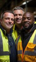 AI generated Three diverse men in safety vests work together in an industrial warehouse, construction and engineering image photo