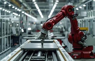 AI generated Factory robotic arm moving over steel piece photo