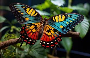 ai generado vistoso mariposa encaramado en un rama, insectos y mariposas foto