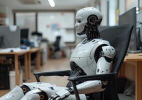 ai generado robot sentado en silla en oficina foto