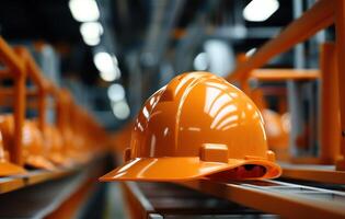 AI generated Focus on orange hard hat atop a pipe, construction site photo