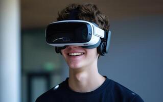 AI generated Young man smiles while wearing a virtual reality headset photo