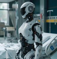 AI generated Robot stands by hospital bed futuristic assistance and support in healthcare settings photo