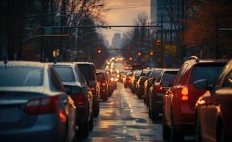 ai generado un concurrido la carretera con carros atascado en un tráfico mermelada, viajero diario al trabajo estilo de vida foto