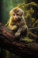 AI generated Adorable baby monkey sitting on a branch in the forest, monkeys and primates photo