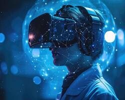 AI generated Man in VR glasses with experiencing digital globe on head virtual reality photo