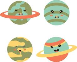 Cute Planet Character. Flat Cartoon Design. Vector Icon Set