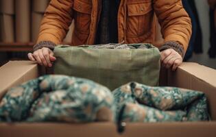 AI generated Someone packing and moving items in a cardboard box, packing and decluttering concept photo