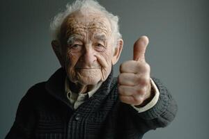 AI generated Elderly man happily giving a thumbs up on a gray background, age acceptance concept photo