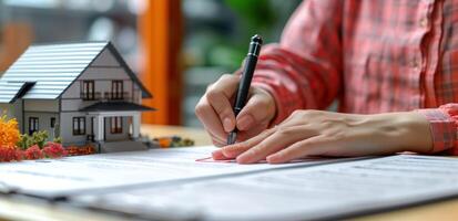 AI generated Person signing document at desk near house model sealing a real estate deal, home loan paperwork photo