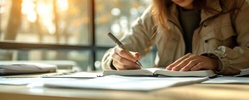 AI generated Person writing on paper with pen, education paperwork photo