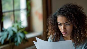 AI generated Stressed young curly haired woman reading bill papers, financial difficulties concept photo