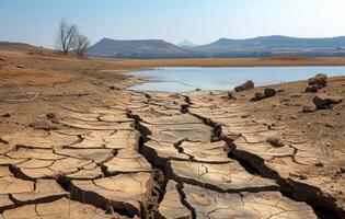 AI generated A dried lake on water surface, water scarcity and drying rivers concept photo