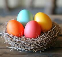 AI generated Vibrant eggs arranged in a nest, easter nests image photo