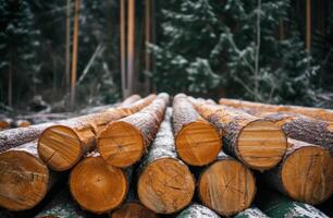 AI generated Logs piled in the forest, deforestation and logging concept photo