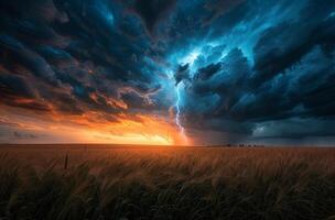 AI generated Lightning strikes across a vast field under ominous dark clouds, extreme weather events image photo