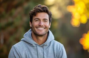 AI generated Smiling man in gray hoodie outdoors, fashion and style image photo