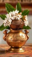 ai generado tradicional símbolo de prosperidad kalasha con latón maceta y Coco en arriba, gudi Padwa decoración imagen foto