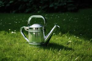 AI generated Watering can placed on lush green grass, water conservation photo