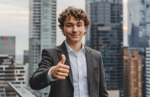 AI generated Businessman gives a thumbs up in city backdrop expressing success and positivity, acceptance photo
