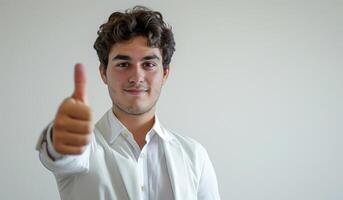 AI generated Businessman giving thumbs up in a positive against a white background, acceptance photo