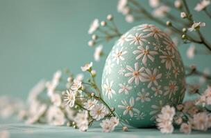 AI generated Easter egg beautifully decorated with white flowers, easter crafts photo