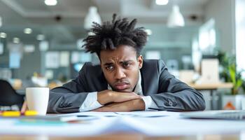 ai generado estresado joven empresario trabajando en un moderno oficina, financiero dificultades imagen foto