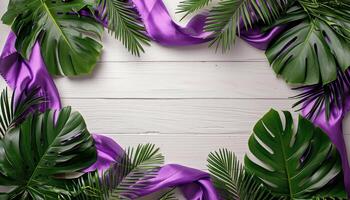 AI generated Palms and purple sash on white wood background, palm sunday decorations image photo