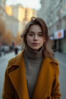 AI generated Woman in coat walks down city street capturing urban vibe and modern style, fashion and style image photo