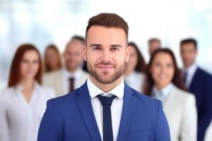 AI Generated Happy man businessman business company entrepreneur startup employer finance. Group people talented team education future technologies infographics artificial intelligence neural networks photo