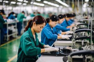 AI Generated Asian workers on high tech factory assembly line smartphone manufacturing electronics factory microchip production engineering mechanics technicians industrial warehouse technology labor photo