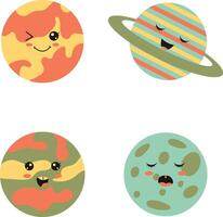 Cute Planet Character. Flat Cartoon Design. Vector Icon Set