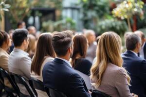 AI Generated Diverse group backs of young people sitting outdoors man woman students listening speaker watching presentation conference cinema concert. Business education learning study photo