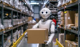 AI generated Warehouse robot carrying boxes in a photo